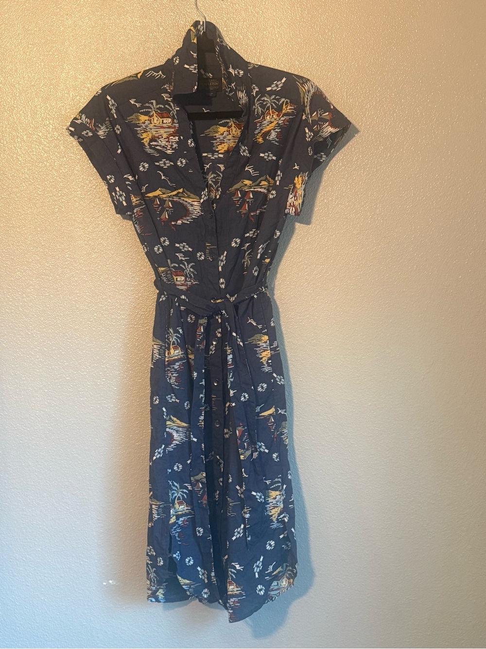 Navy Blue Nautical Resortwear Short Sleeve Shirt Dress with Waist Tie